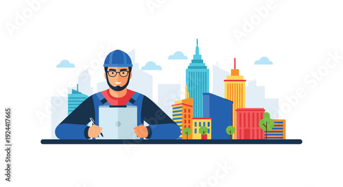 Construction worker in hard hat reviewing blueprints with city skyline background