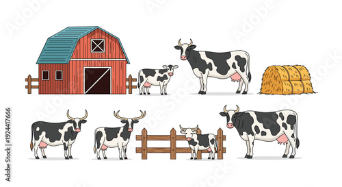 Farm scene with cows, barn, fence, and hay bale illustration