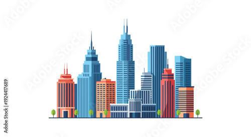 Modern city skyline with diverse skyscrapers and minimalist trees on white background
