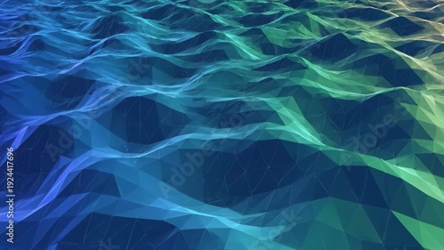 A geometric, low-poly depiction of abstract undulating landscape, with shades of blue, green, and a hint of pink