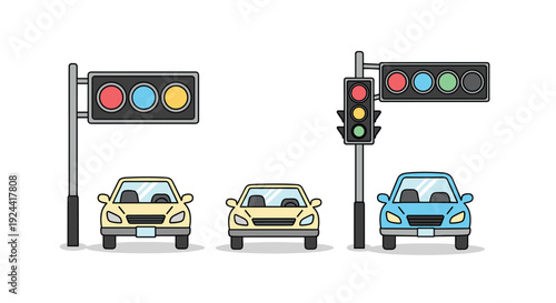 Traffic lights and cars illustration, showing different signals and vehicle colors on a white background