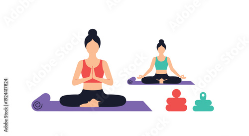Two women practicing yoga in lotus pose on mats with yoga blocks nearby