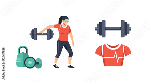 Woman exercising with dumbbells and kettlebell, fitness apparel and equipment icons