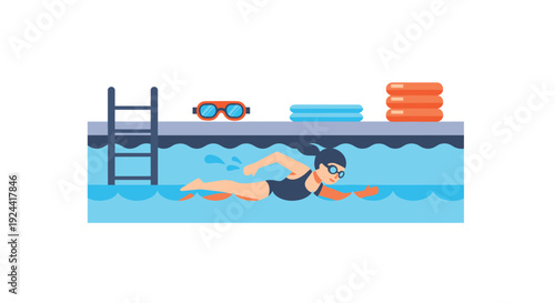 Woman swimming freestyle in a pool with goggles and ladder nearby