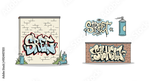 Graffiti art with spray paint cans and street art on brick walls