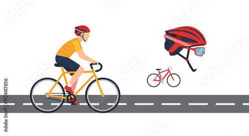 Cyclist in helmet and sunglasses riding a yellow bicycle on a road with safety gear nearby