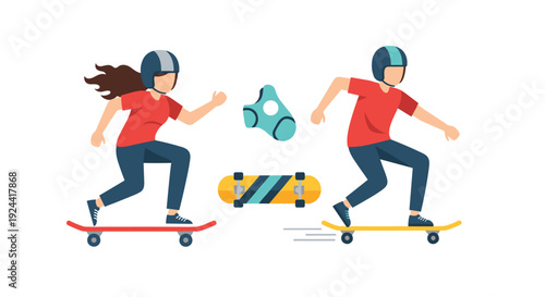 Two people skateboarding with protective gear and a spare skateboard, flat design illustration