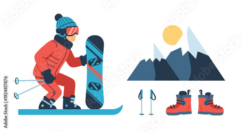Winter sports equipment and mountain landscape illustration with snowboarder and ski gear