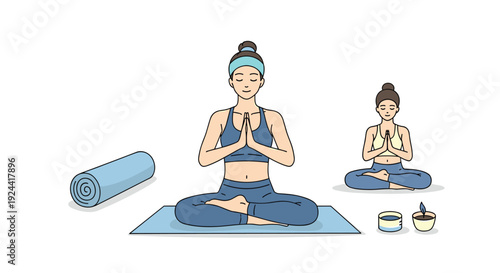 Two women meditating in lotus pose on yoga mats with rolled mat and candle nearby