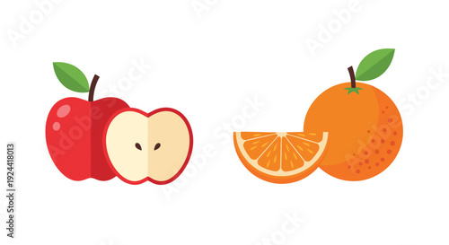 Red apple and orange slices with leaves, flat design, isolated on white background