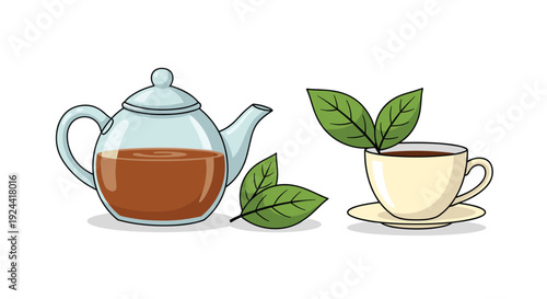 Glass teapot with brewed tea and a cup of tea with fresh mint leaves