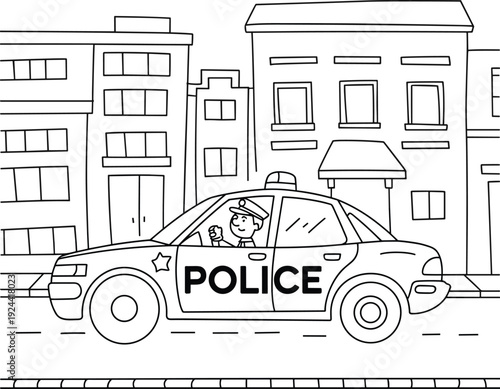Cartoon police car with officer driving in city street, black and white line art illustration
