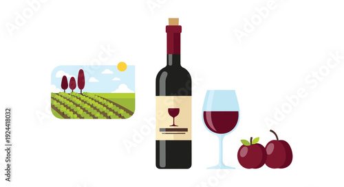Vector illustration of wine bottle, glass, grapes, and vineyard landscape under sunny sky