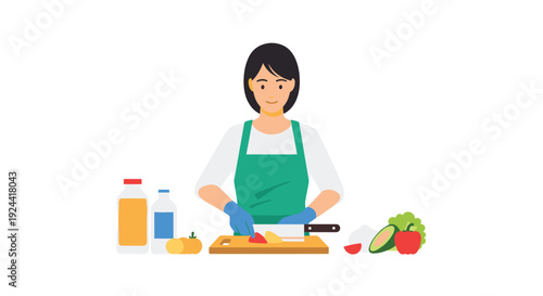 Woman in apron and gloves chopping vegetables for healthy meal preparation
