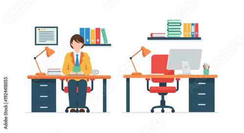Modern office setup with a person working at a desk and an empty workstation