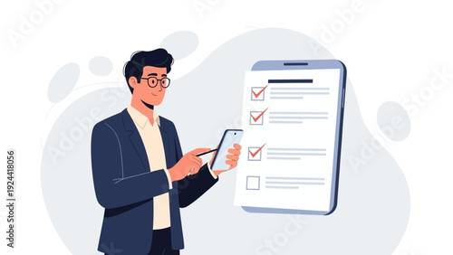 Businessman checking tasks on phone and digital checklist