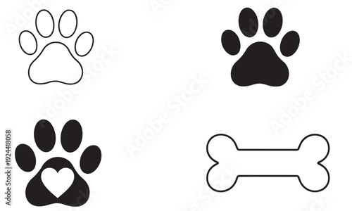 Dog Paw and Bone Icons Vector Set