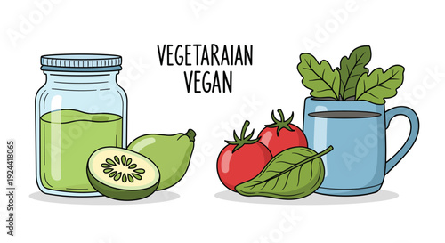 Vegetarian and vegan food illustration with fresh produce and healthy drinks