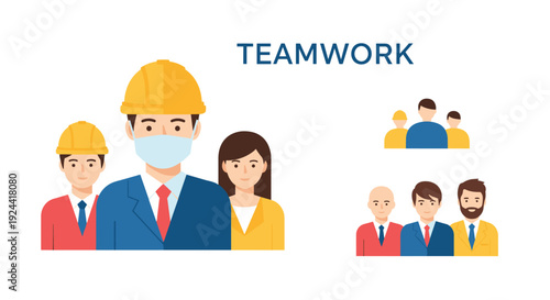 Diverse team of professionals collaborating, with one wearing a protective face mask