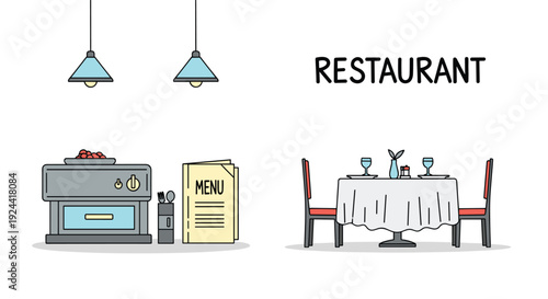 Simple illustration of a restaurant scene with dining table and kitchen equipment