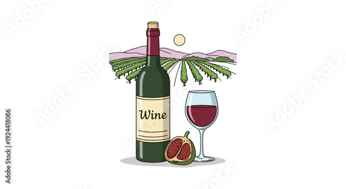 Bottle of wine and glass with vineyard landscape and fruit in cartoon style