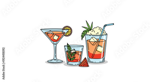 Refreshing summer cocktails with ice cubes, garnishes, and a slice of fruit