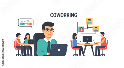 Diverse professionals collaborating and working together in a modern coworking space environment