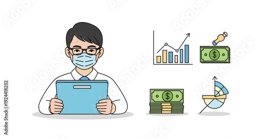 Man in medical mask holding tablet with financial charts and money icons