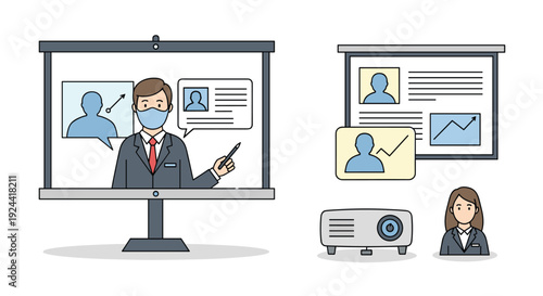 Business presentation with masked speaker and digital data visualization on screen