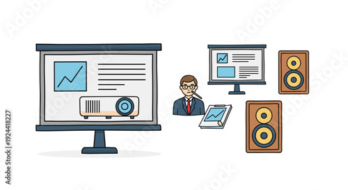 Business presentation setup with projector, screens, speaker, and presenter with notes