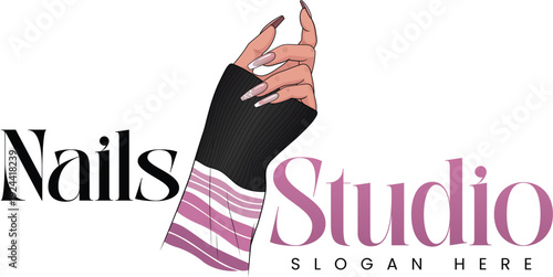 Nails Studio Logo: A stylish nail studio logo featuring a gracefully illustrated hand, showcasing elegant, long nails against a simple, chic background.