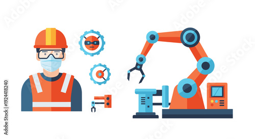 Industrial worker in safety gear and robotic arm symbolizing automation and technology