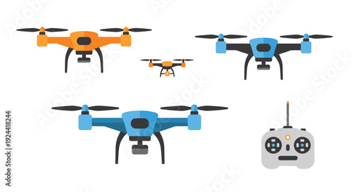 Collection of flat design drones and remote control on a white background