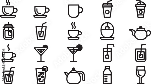 A diverse collection of minimalist outline icons representing various hot and cold beverages for everyday use
