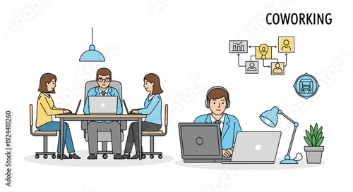 Diverse professionals collaborating and working remotely in a modern co-working space environment