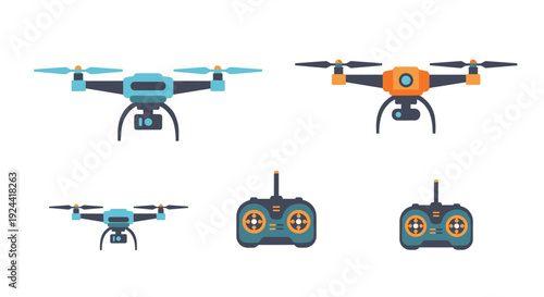 Set of flat design drones and remote controls for aerial photography and videography