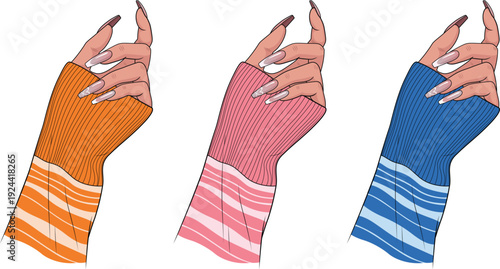 Elegant Hands with Colorful Sleeves: A collection of hands with long, meticulously manicured nails are adorned with vibrant, stylish sleeves, showcasing artistry and fashion