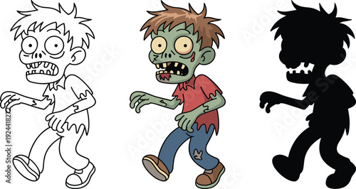 Cartoon zombie character set with outline and silhouette, funny halloween undead vector illustration collection