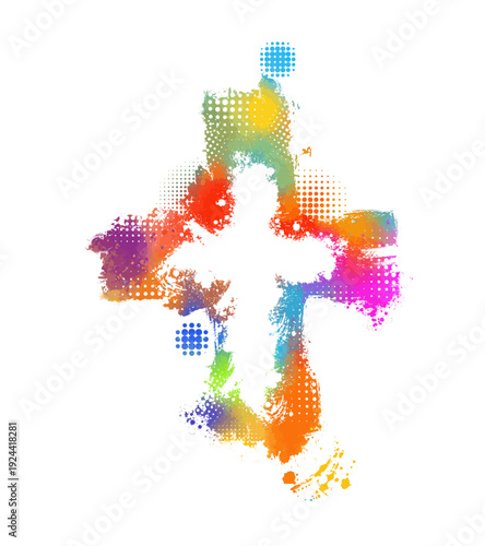 colored cross. Cross made of rainbow blots. Happy easter. Hand drawn. Not AI, vector illustration