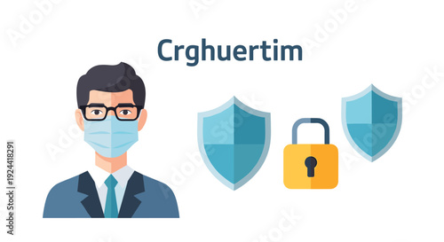 Business professional wearing a face mask with security shields and a padlock icon