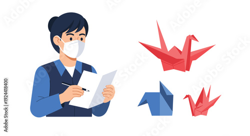 Person wearing a mask writes in a notebook next to colorful origami cranes