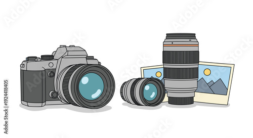 Digital camera and lenses with landscape photos, vector illustration on white background