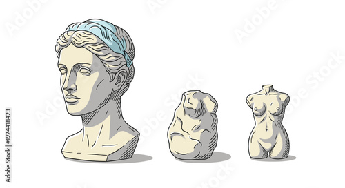 Classical Greek and Roman sculptures: bust, torso, and abstract form on white background