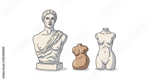 Collection of classical and modern artistic torsos and busts in a minimalist style