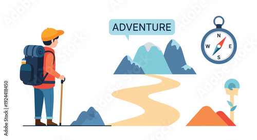 Backpacking adventurer with a compass and mountains on a winding path to discovery