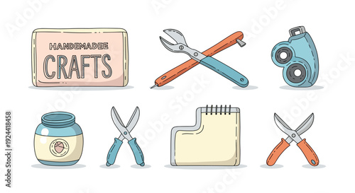 Collection of hand-drawn craft tools and supplies for creative projects