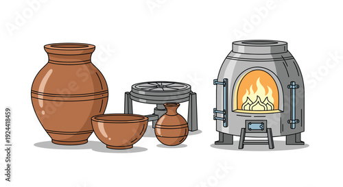 Clay pottery and kiln with flames, illustrating the ceramic making process