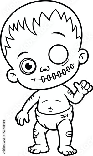 Cute baby zombie cartoon character for Halloween coloring page, black and white outline vector illustration
