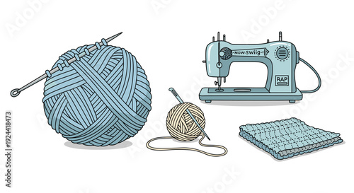 Illustration of knitting supplies, sewing machine, and fabric for crafting and hobbies