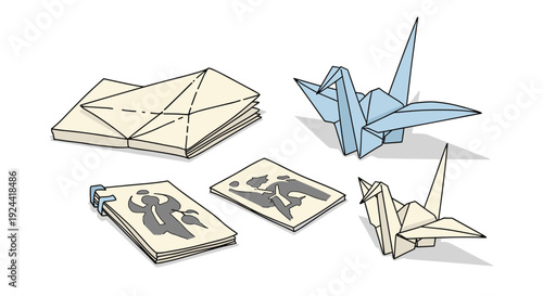 Origami paper cranes and folded paper, a symbol of peace and good fortune